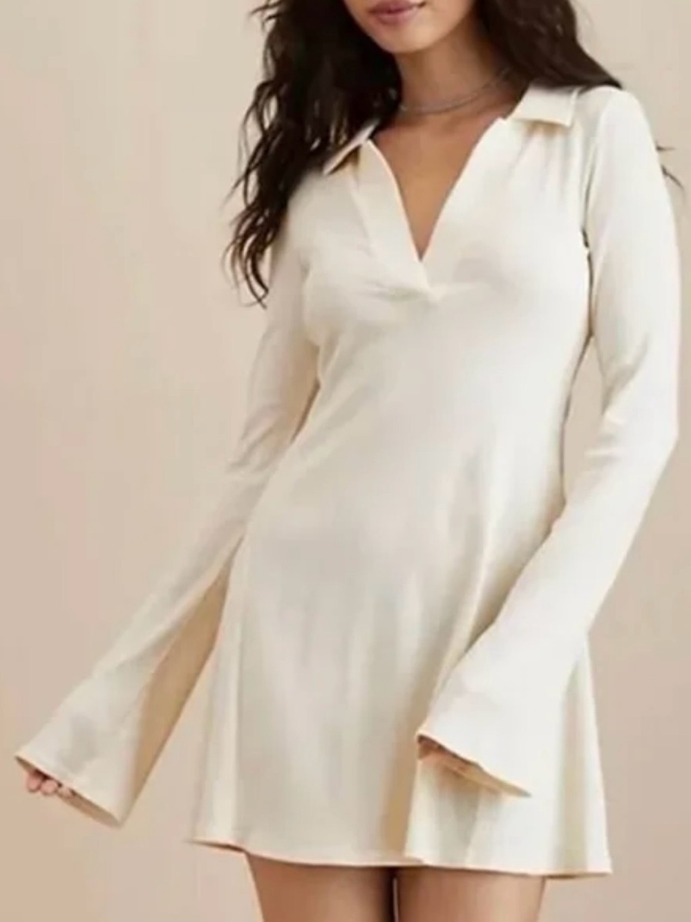 American Eagle Cream Collared V-Neck Long Sleeve Dress